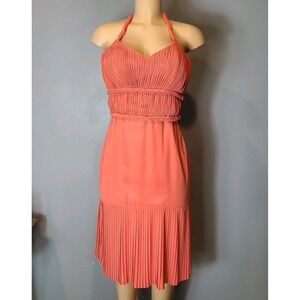 Y2K Halter Dress Women Sz‎ XS Coral Pleated Midi Coquette Wedding Resort 90s